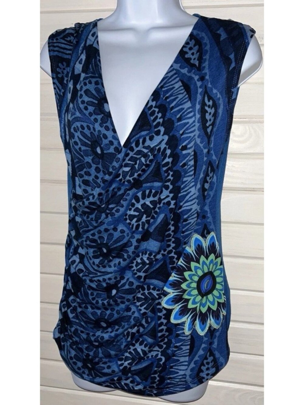 Desigual Sz LARGE Blue Green Floral Mandala Print Knit Blouse Faux Wrap EUC
